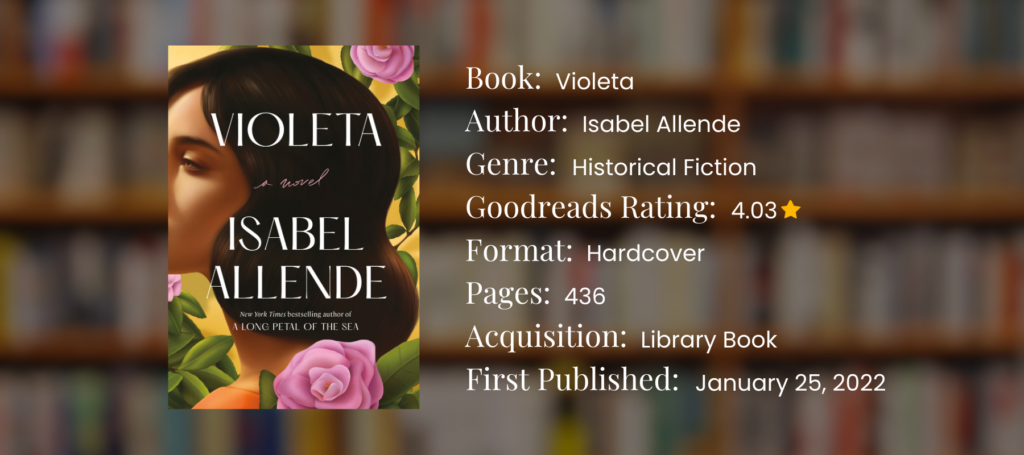 a graphic of the book Violeta by Isabel allende with book information