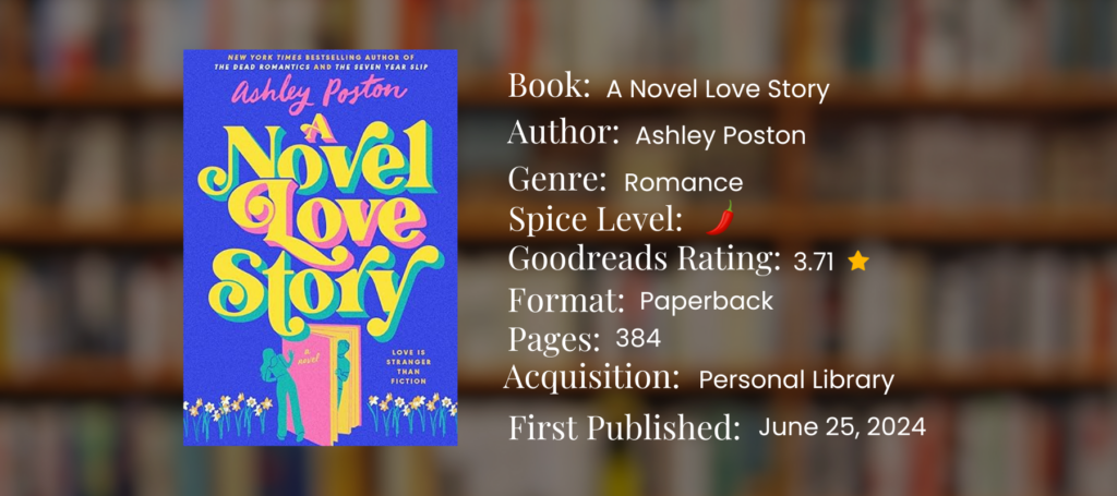 a graphic of the book novel love story by Ashley Poston with book details listed
