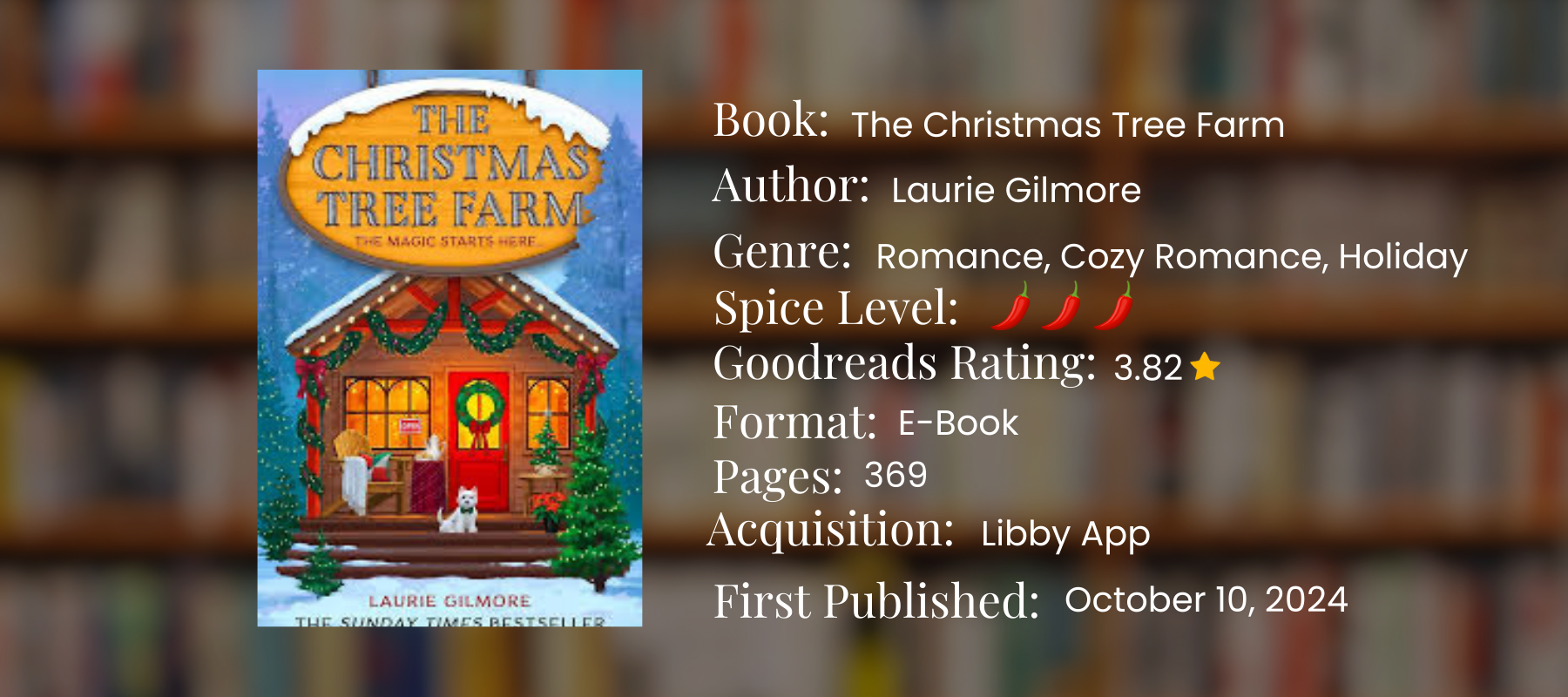 graphic with book details for the christmas tree farm by laurie gilmore