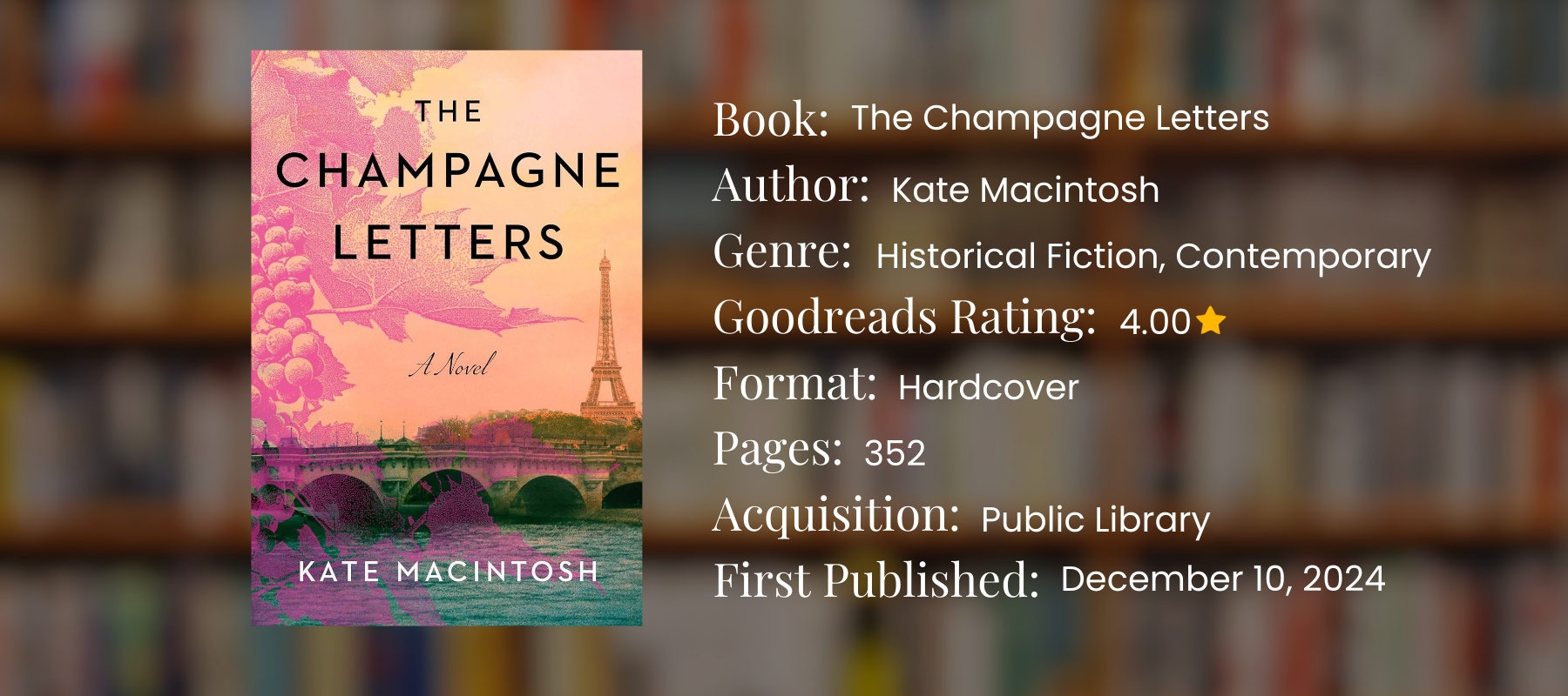 graphic with book details for the champagne letters by kate macintosh