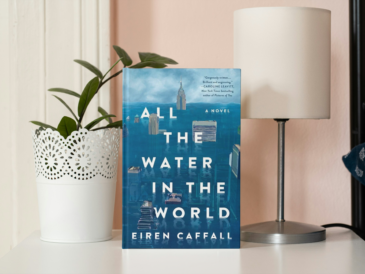 photo of book all the water in the world by eiren caffal on a desk beside a lamp and potted plant