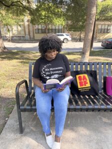 kathleen haagenson attending the san antonio book festival 2025 reading the dream hotel by laila lalami