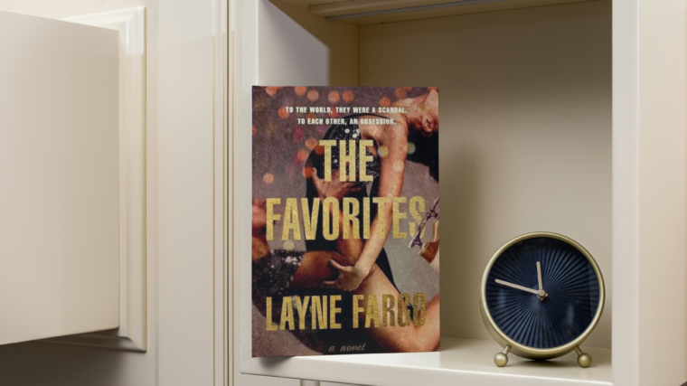 the favorites by Layne Fargo sitting on a bookshelf with a gold clock