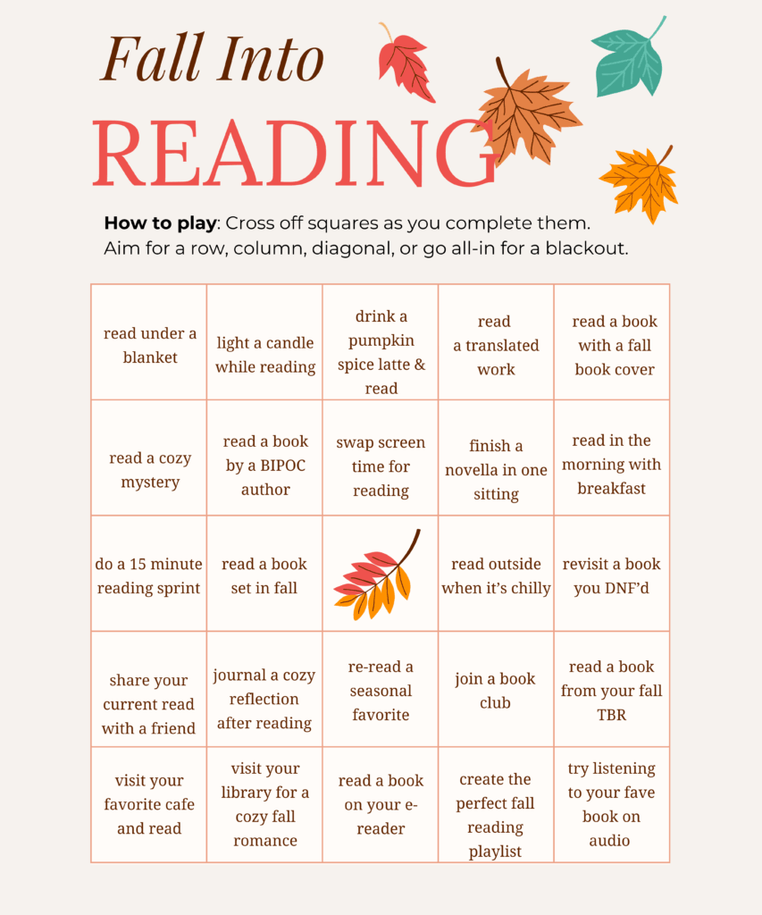 printable fall reading bingo board